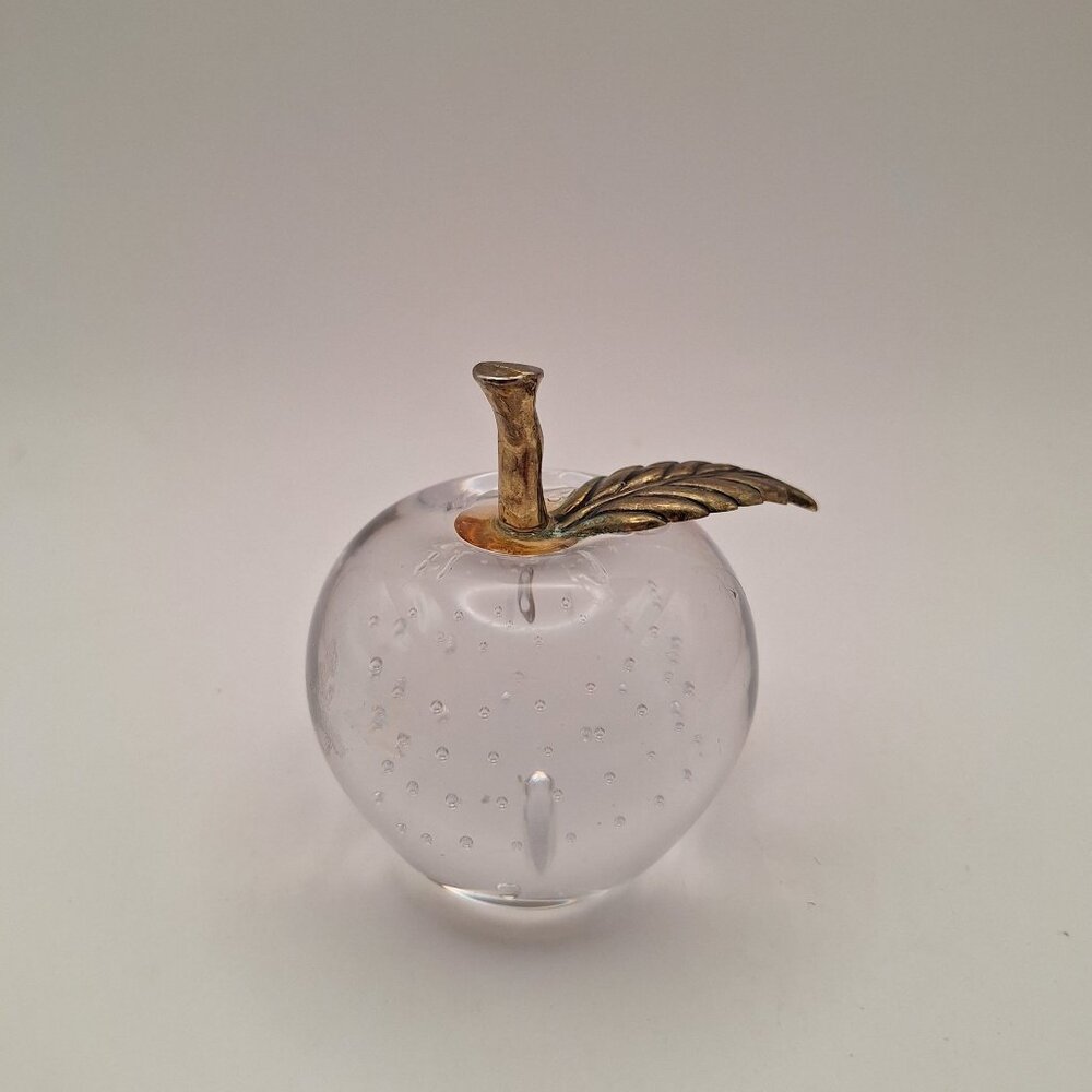 CLEAR ART GLASS APPLE PAPERWEIGHT WITH BRASS/METAL STEM AND LEAF 3"